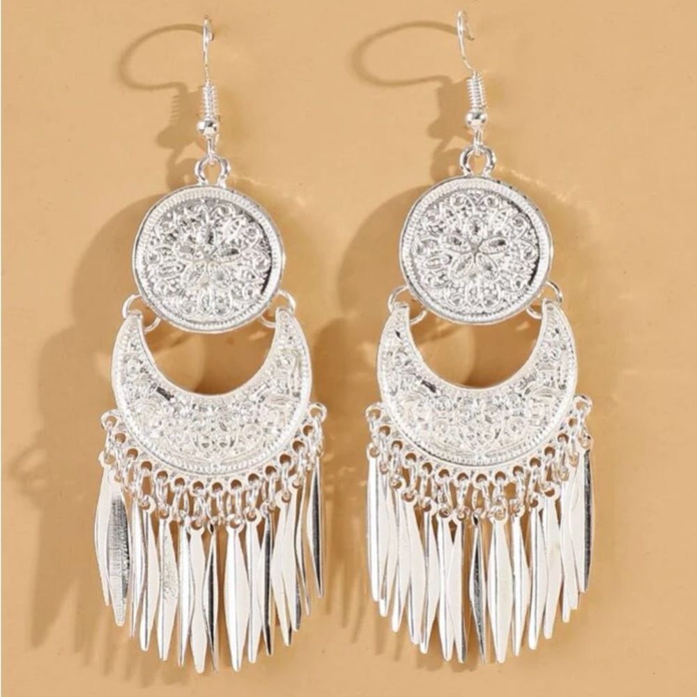 Exotically Shimmering Silver Metal Tasseled Medallion Chandelier Drop Earrings